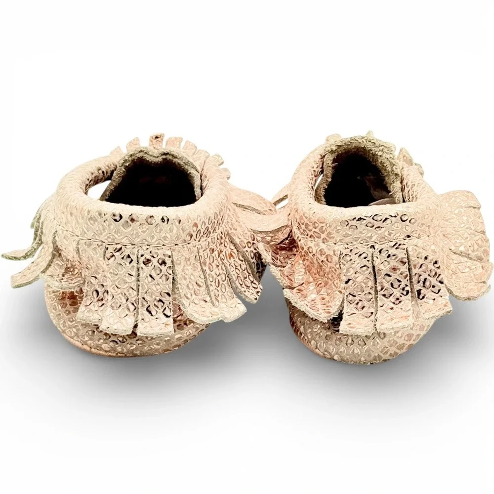 Freshly Picked Rose Gold Leather Baby Classic Moccasin Fringe Soft Sole 4 Luxury
